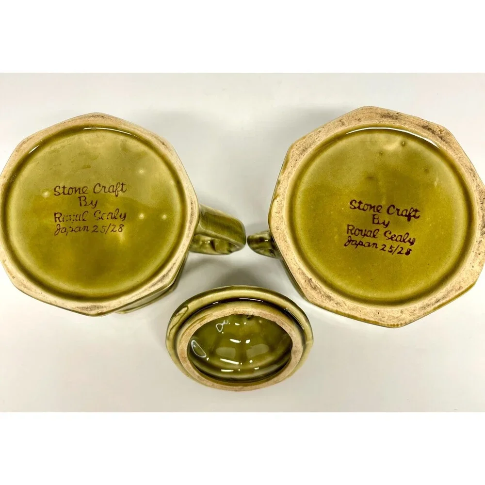 Vintage Stone Craft Royal Sealy Japan Green Tea Set 4 Pc Hexagonal-Olive Green